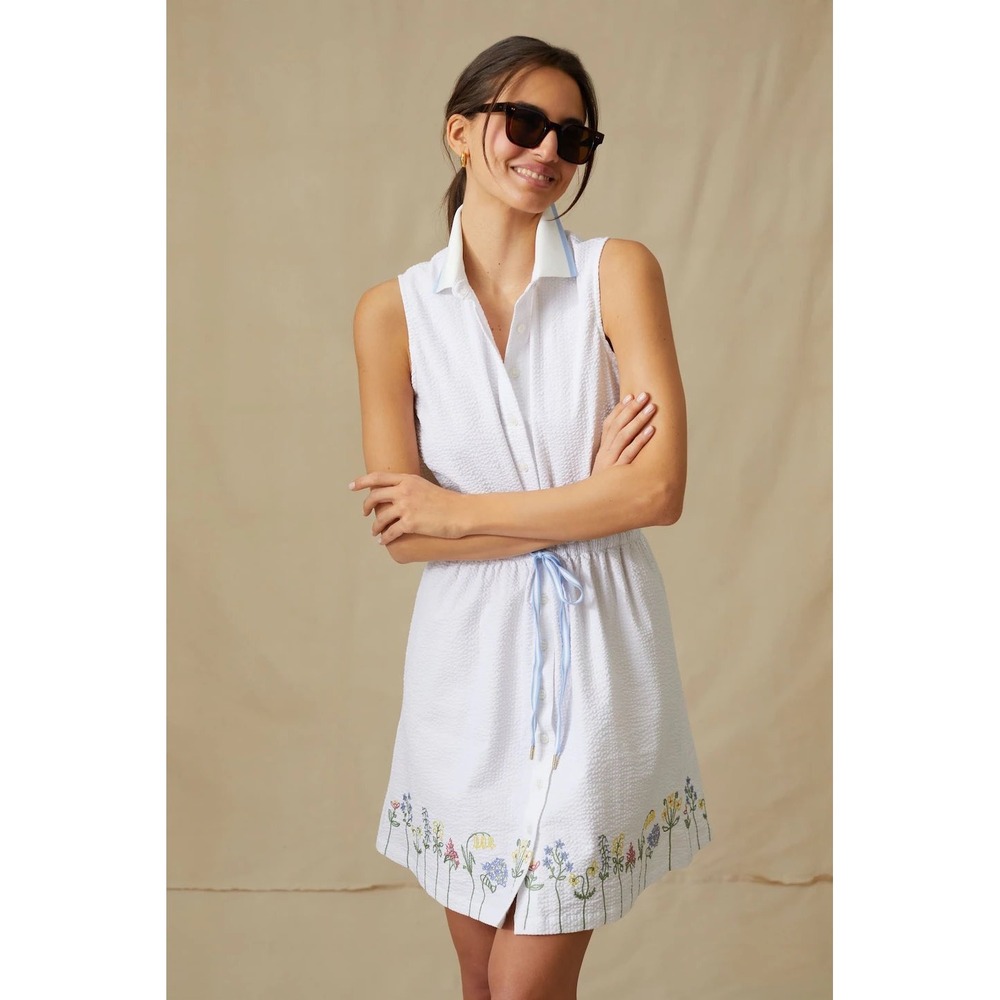 NWOT Tuckernuck White Seersucker Wildflower Embroidered Shirt Dress L S145387